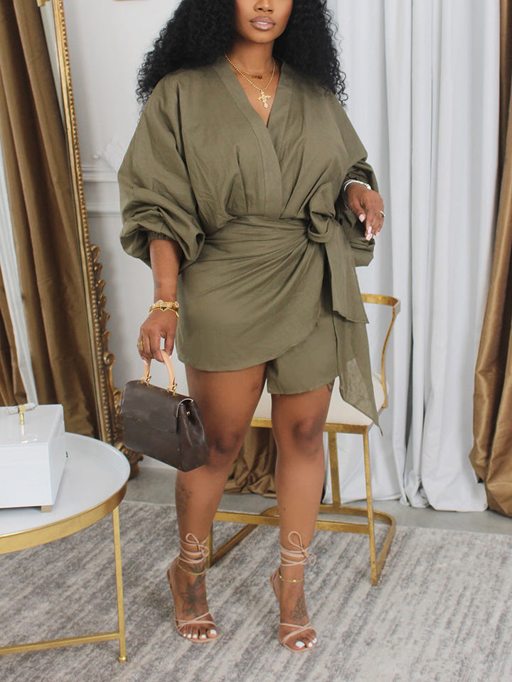 Puff Sleeves Wrap Dress Khaki / 2XL
