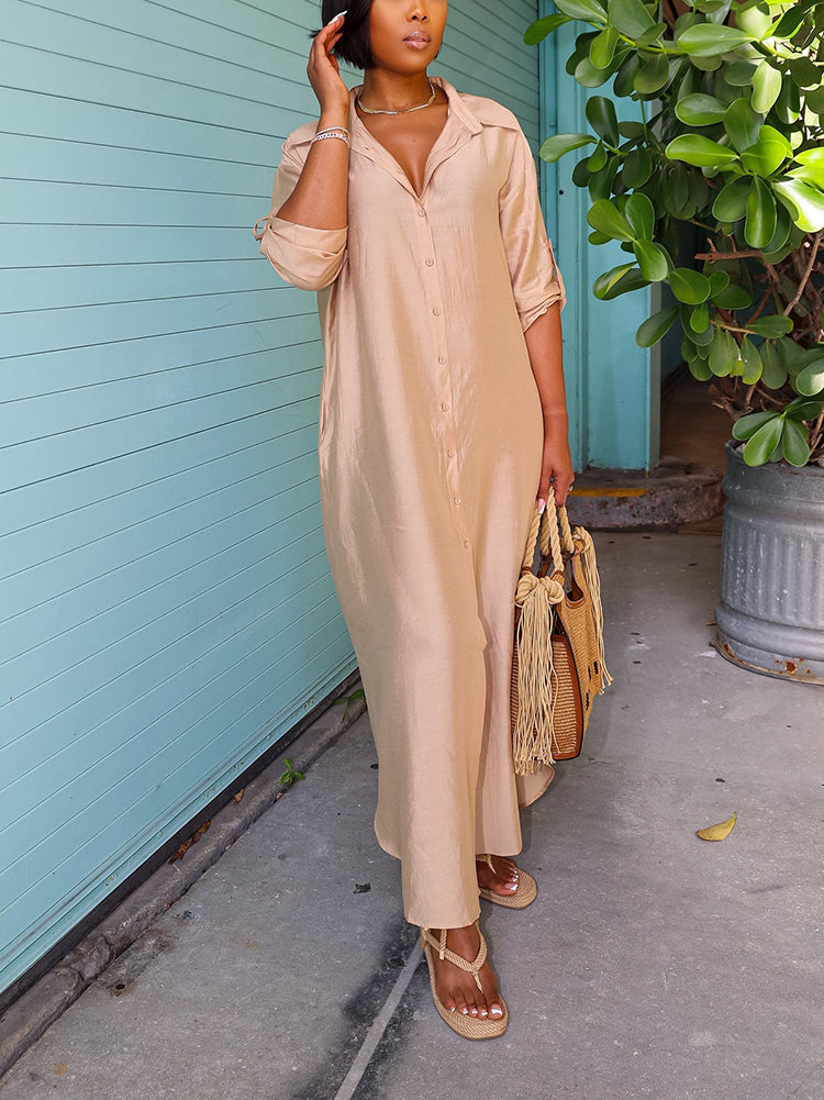 Satin Button Shirt Dress Apricot / M
