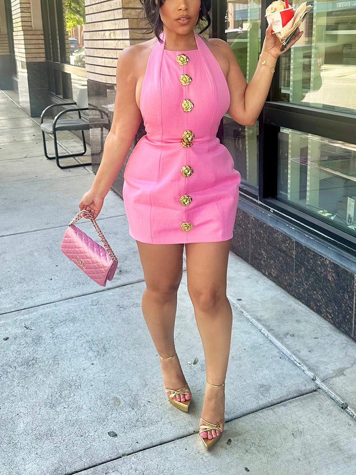 Halter Gold Button Mini Dress Pink* / S