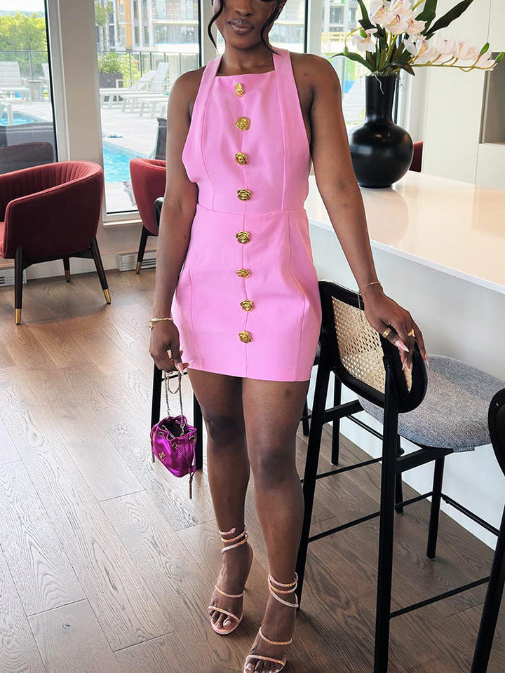 Halter Gold Button Mini Dress Pink* / M