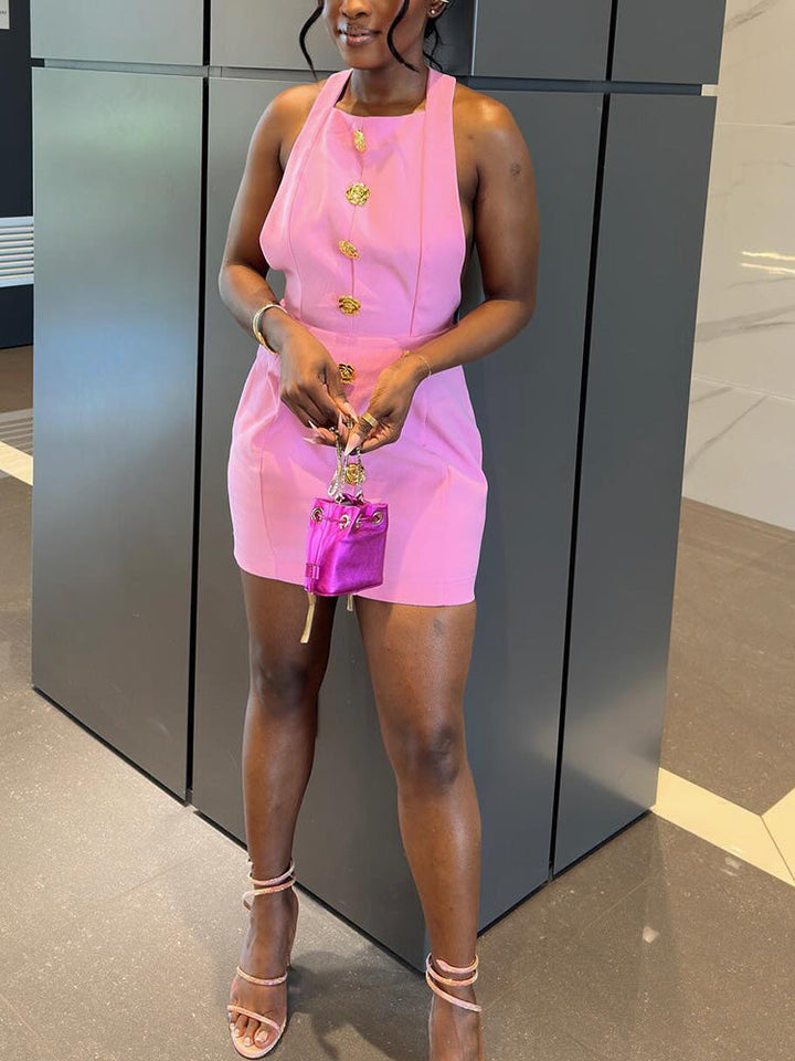 Halter Gold Button Mini Dress Pink* / L