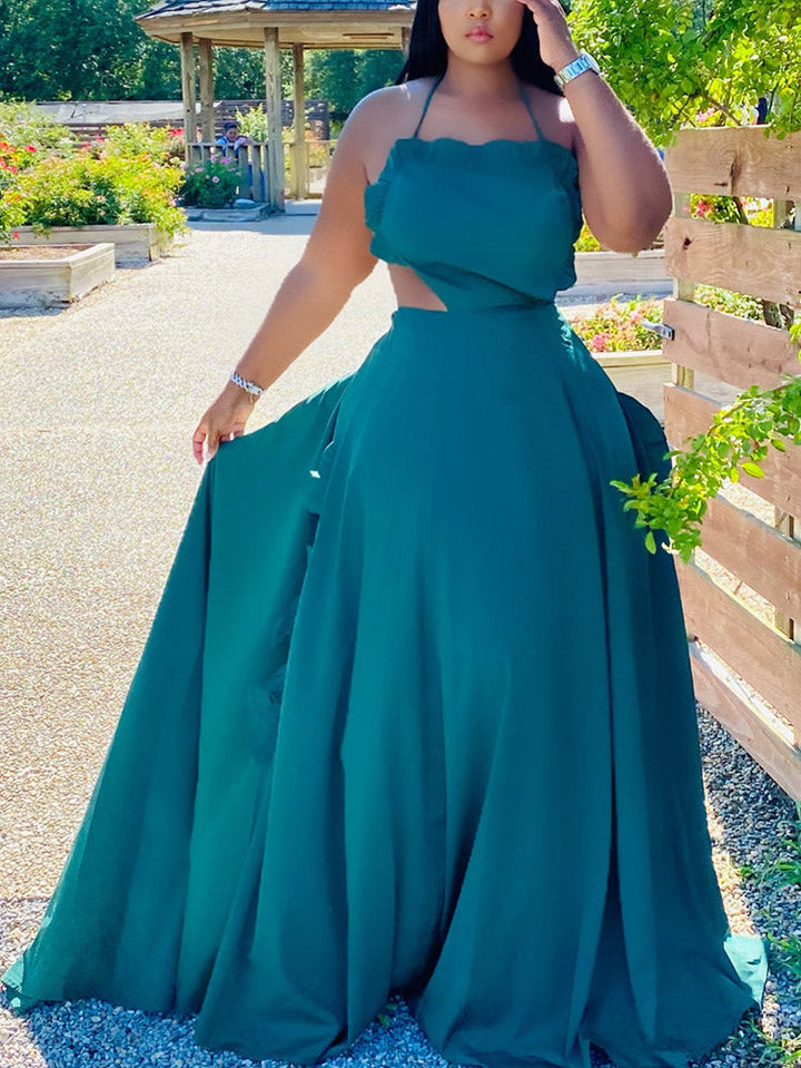 Ruffle Halter Backless Maxi Dress Blue / L