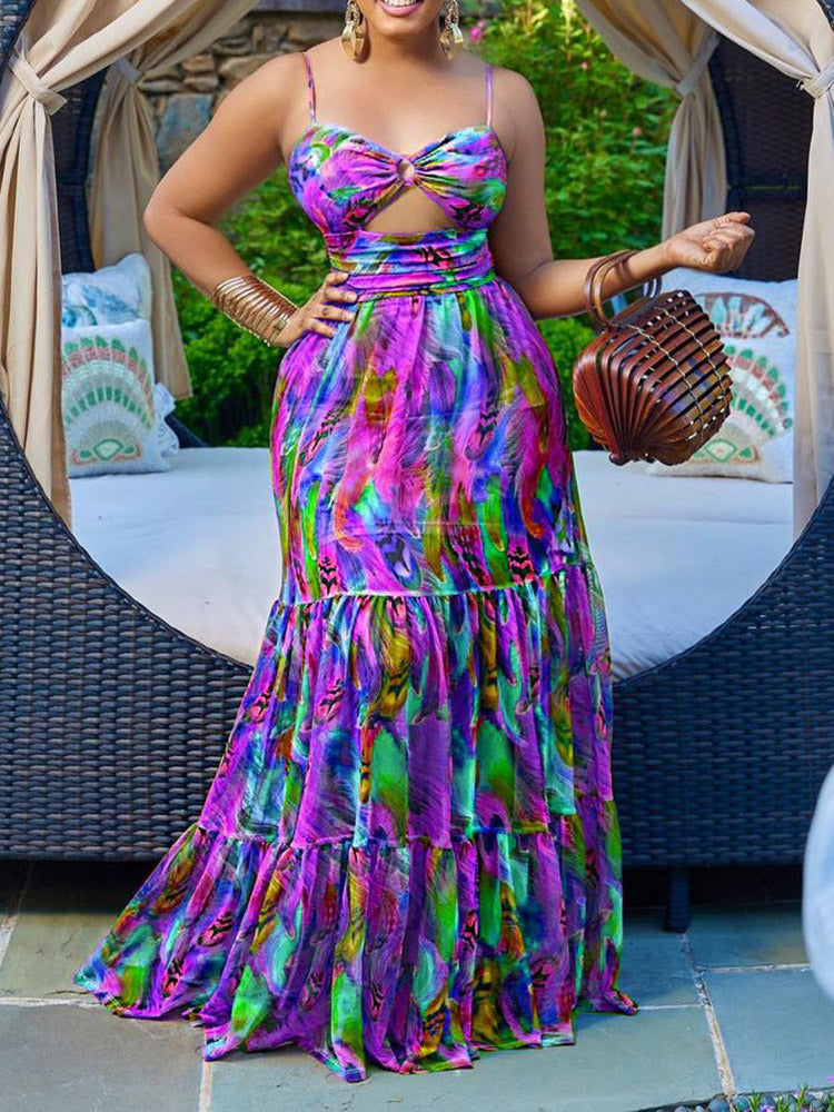 Print Cutout Spaghetti Strap Dresses Yellow / XL