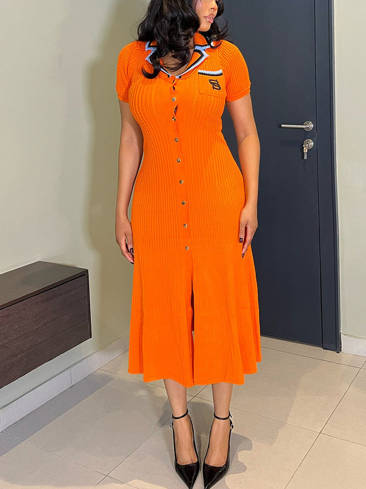 Knit Letter Embroidery Midi Dress Orange / S