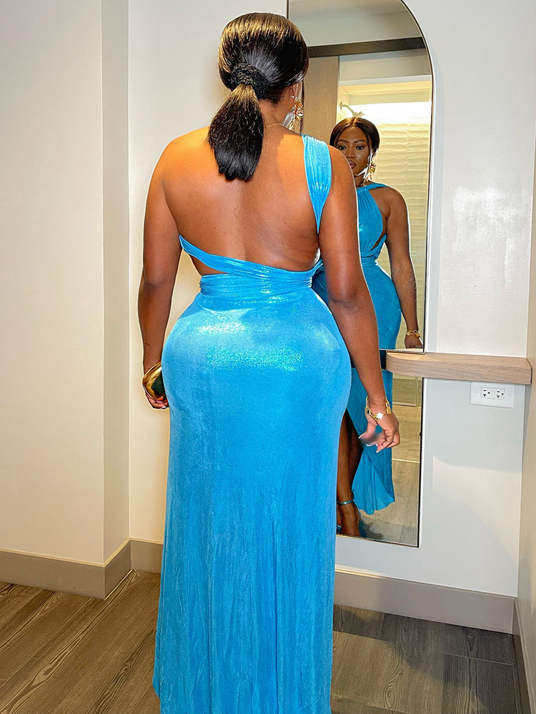 Metallic Cut-Out Slit Dress *Blue / L
