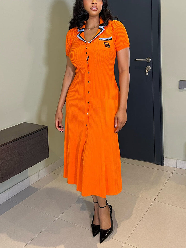 Knit Letter Embroidery Midi Dress Orange / L