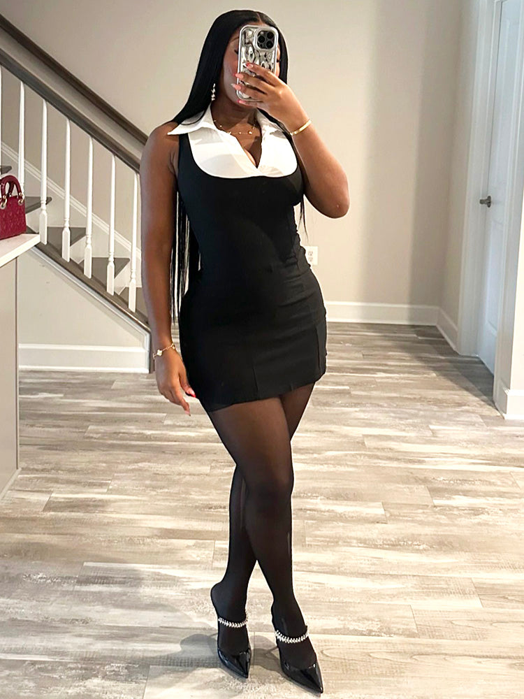Shirt Collar Bodycon Mini Dress *Black / M