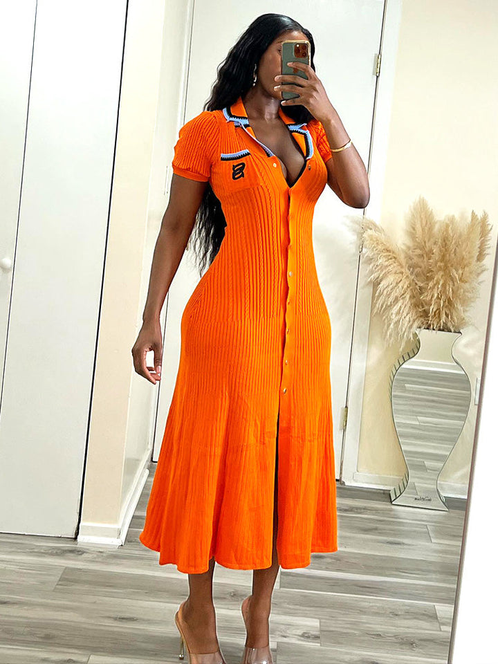 Knit Letter Embroidery Midi Dress Orange / M