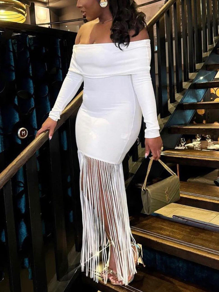 Off Shoulder Fringe Dress White / S