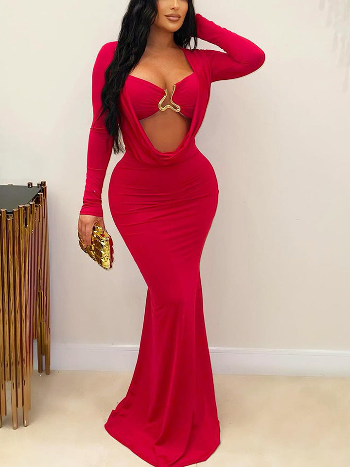 Draped Plunge Neck Dresss Red / S