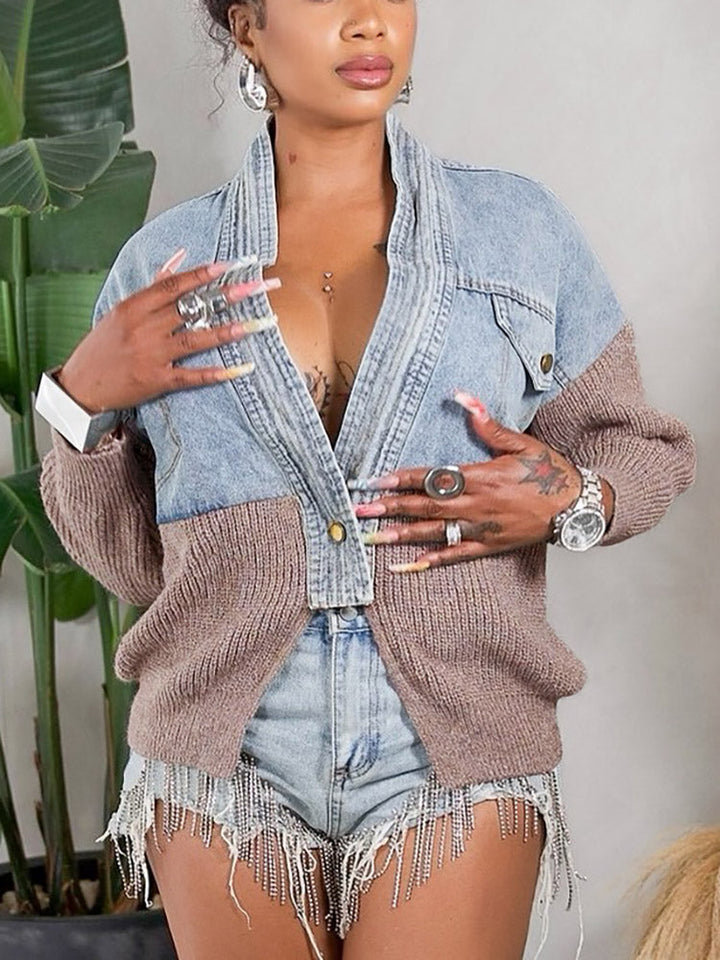 Knitted Denim Patchwork Cardigan Khaki / One size