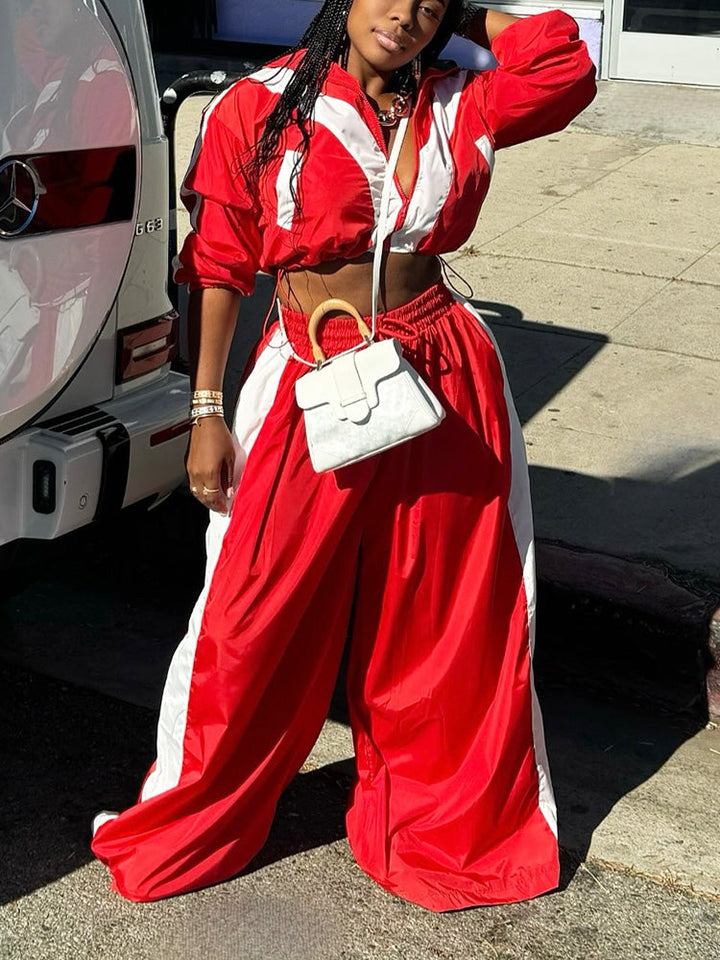 Sporty Crop Jacket & Wide Pants Set Red / XL