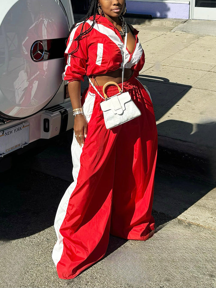 Sporty Crop Jacket & Wide Pants Set Red / 2XL