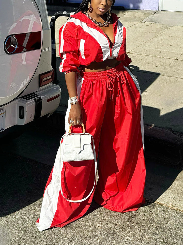 Sporty Crop Jacket & Wide Pants Set Red / L