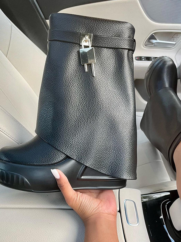 Lock Key Leather Wedge Boots