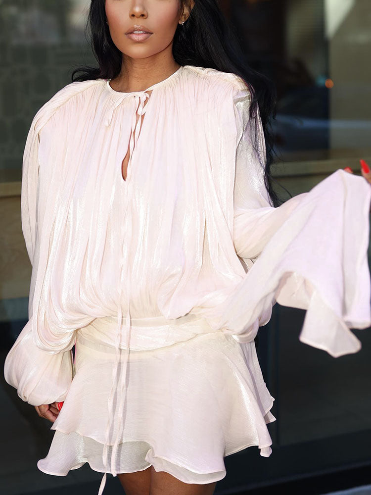 Dreamy Silky Satin Ruffle Mini Dress Champagne / XL