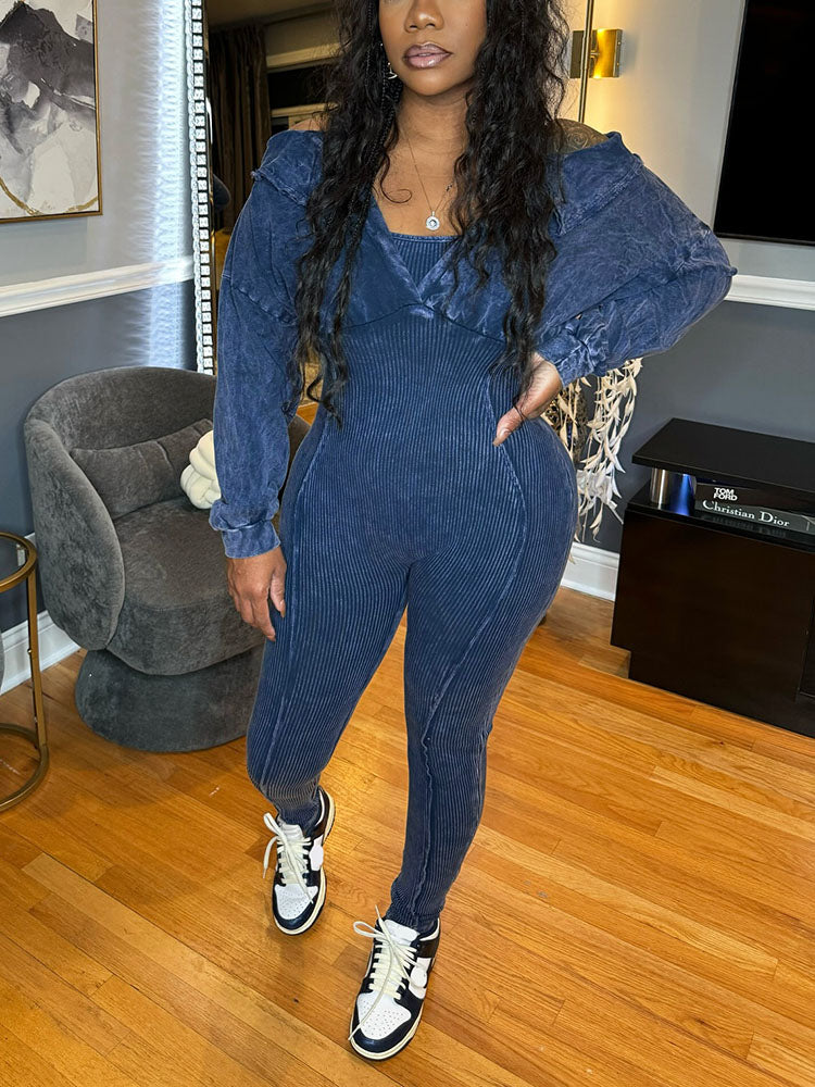 Washed Cold Shoulder Jumpsuit Black / S