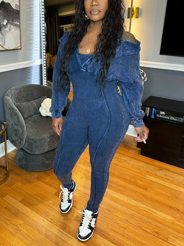 Washed Cold Shoulder Jumpsuit Black / M