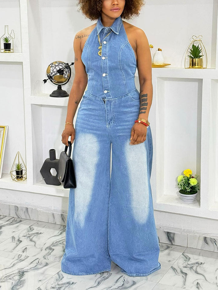 Denim Halter Wide-Leg Jumpsuit Blue / S