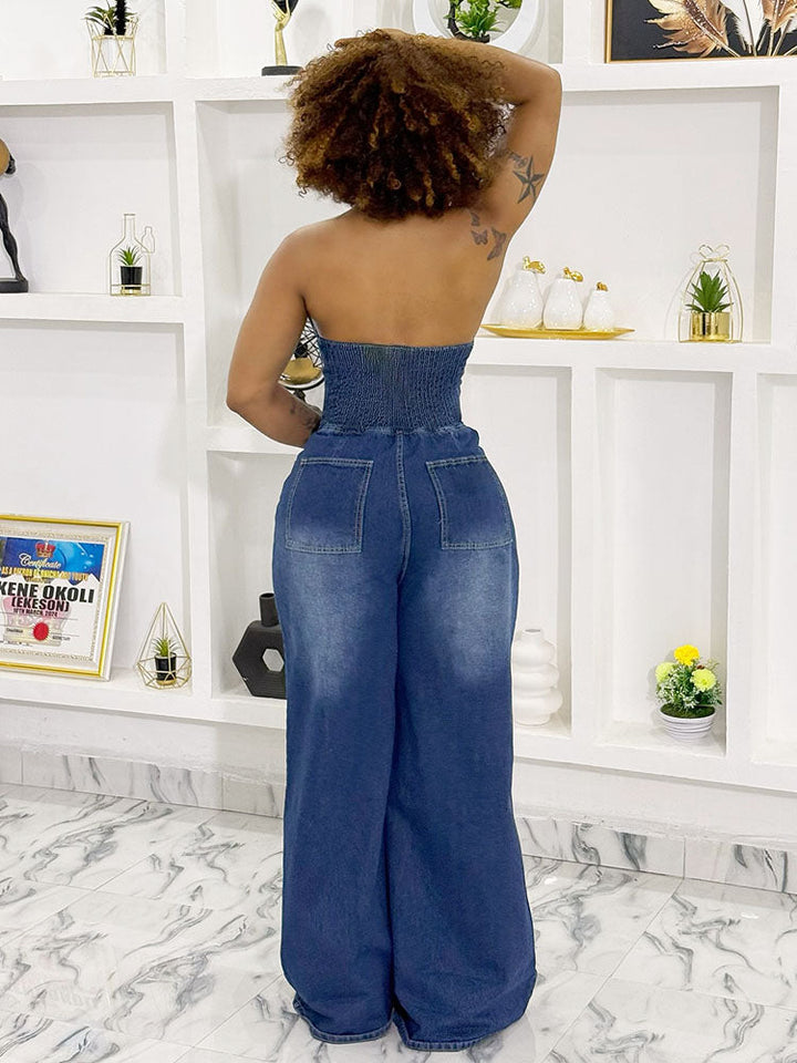 Denim Halter Wide-Leg Jumpsuit Light Blue / 2XL