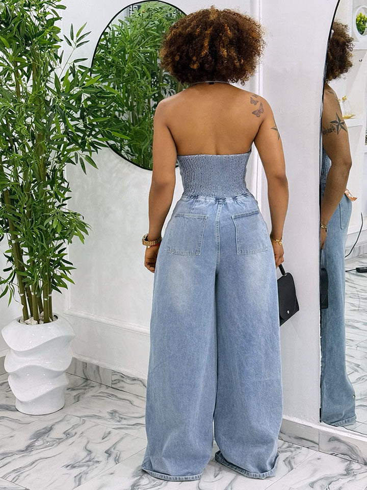 Denim Halter Wide-Leg Jumpsuit Light Blue / M