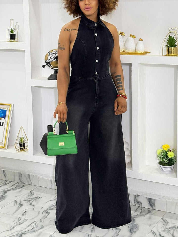Denim Halter Wide-Leg Jumpsuit Navy / S