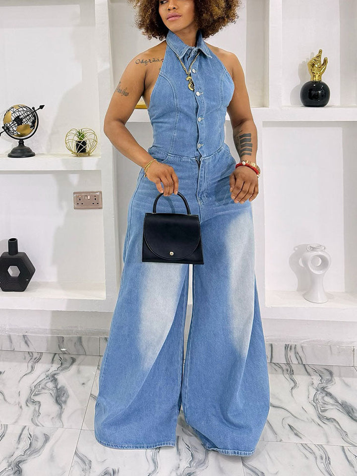 Denim Halter Wide-Leg Jumpsuit Blue / L