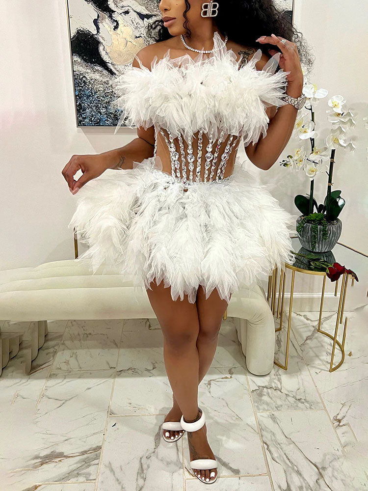 Gorgeous Rhinestone Tulle Party Dress Set Blue / S