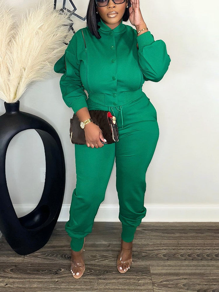 Zipper Crop Jacket Jogger Set Green / XL
