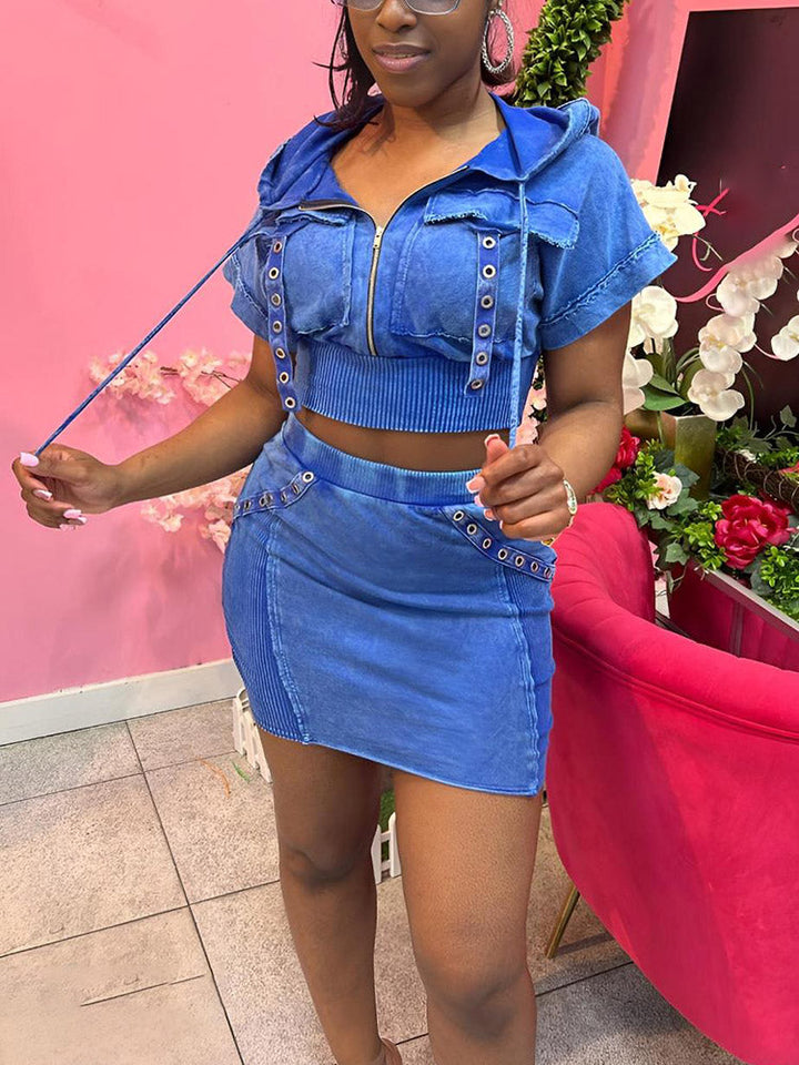 Washed Hoodie Top & Mini Skirt Set Blue / M