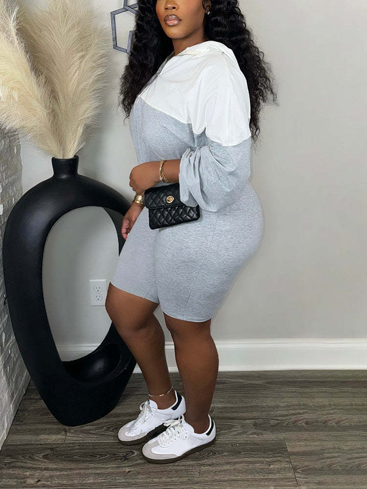 Half Zip Hoodie & Biker Shorts Set Light Gray / L