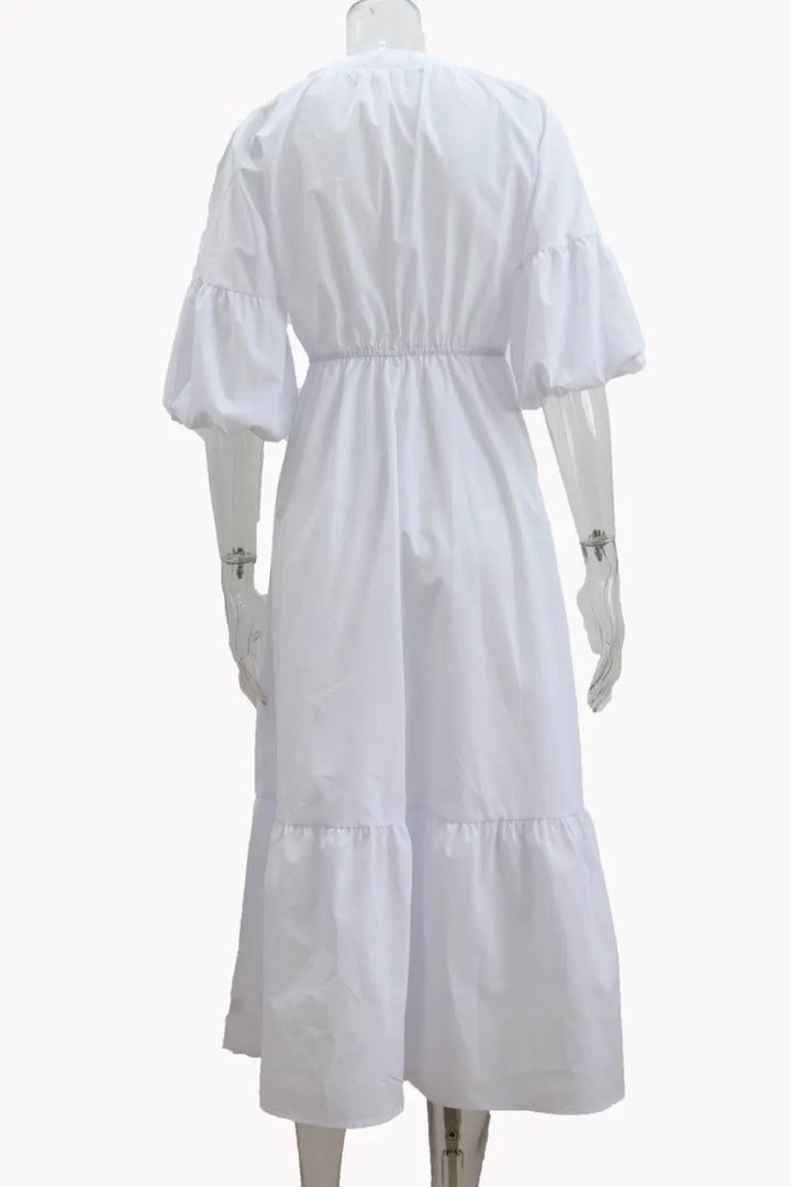 Half Sleeve V Neck High Waist Midi Dress