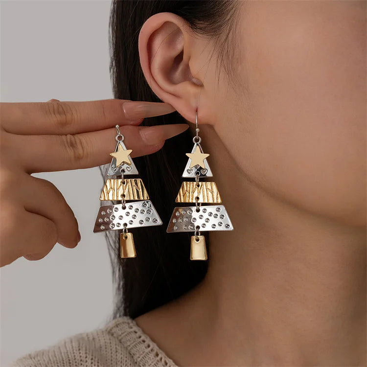 Mixed Metal Christmas Tree Drop Earrings