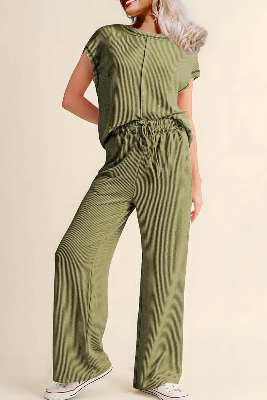 Ribbed T-shirt Wide Leg Long Pants Set