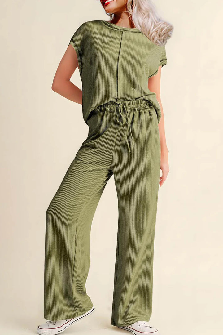 Ribbed T-shirt Wide Leg Long Pants Set