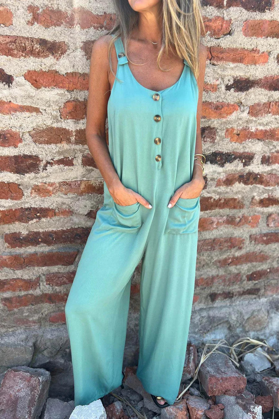 Button Closure Backless Loose Jumpsuit