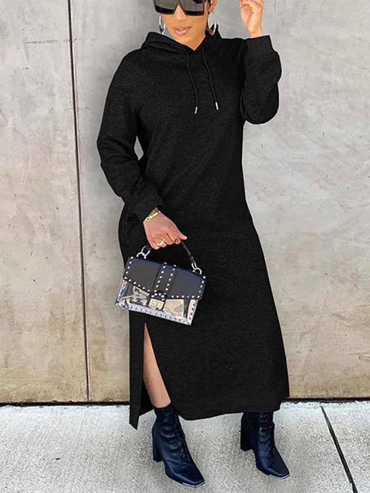 Slant Pockets Drawstring Hoodie Dress Black / XL