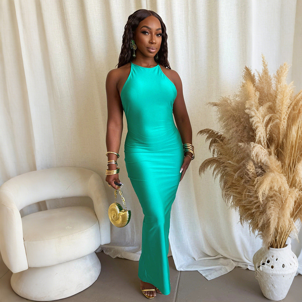 Fashion Slim Hanging Neck Solid Color Dresses