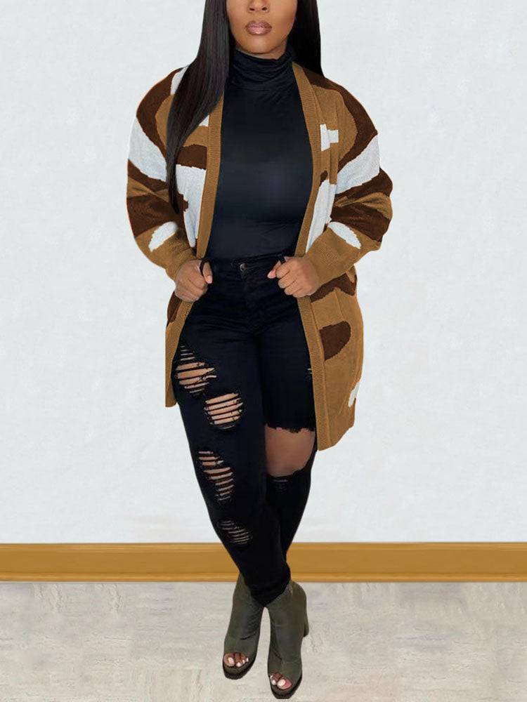 Camouflage Print Sweater Cardigan Blue / S