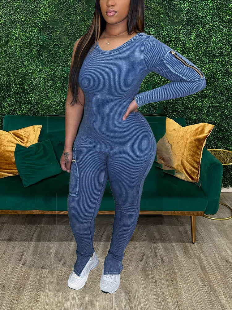 One-Shoulder Washed Jumpsuit *Blue / XL