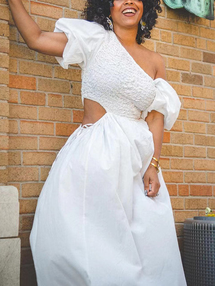 Puff Sleeves Cut-out Waist Dress White / XL