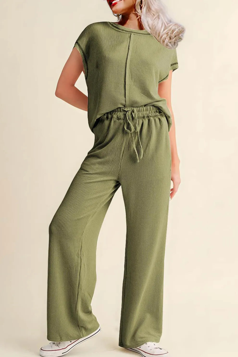 Ribbed T-shirt Wide Leg Long Pants Set