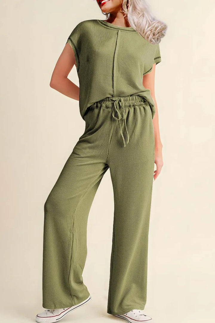 Ribbed T-shirt Wide Leg Long Pants Set