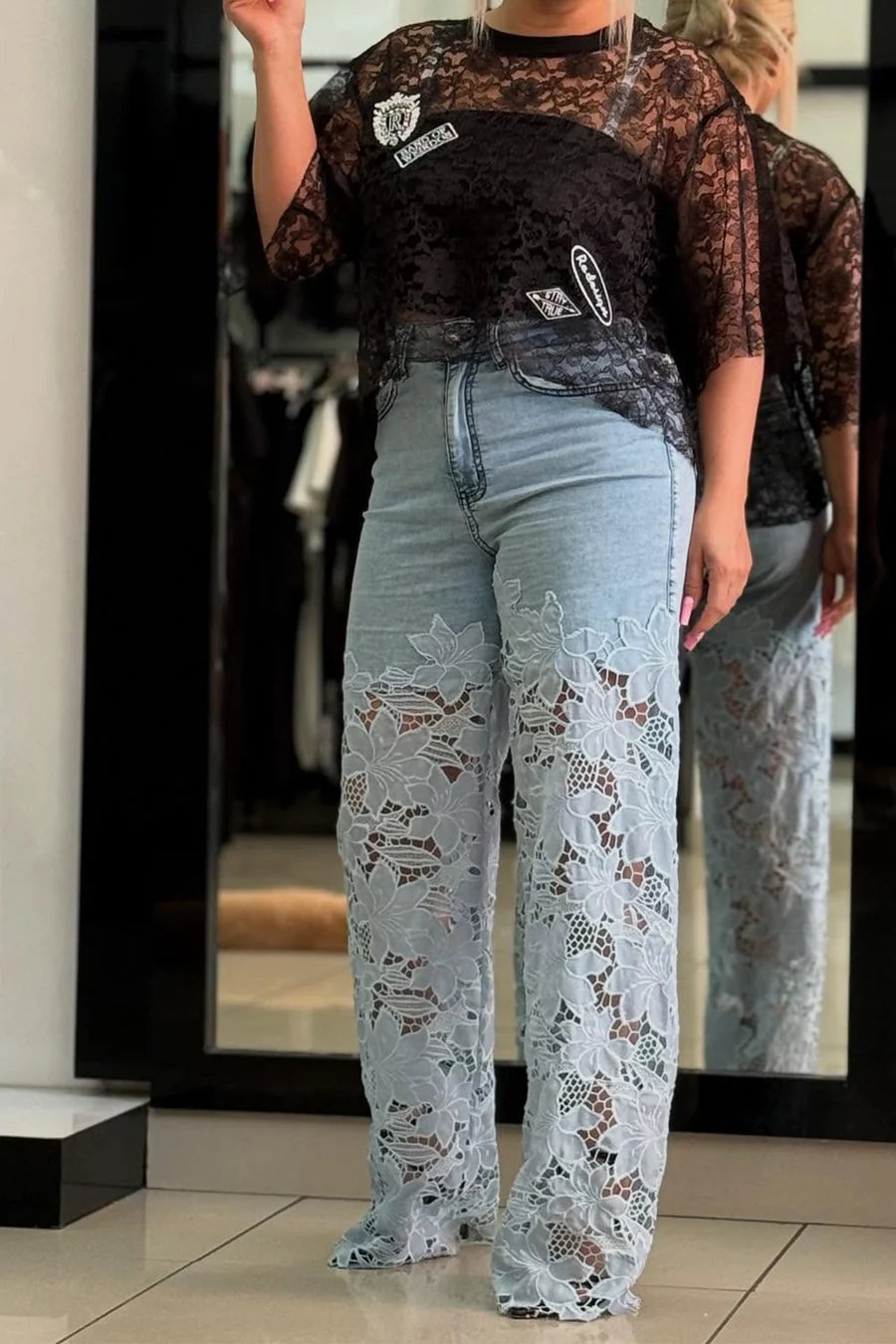 Lace Hollow Out High-rise Jeans