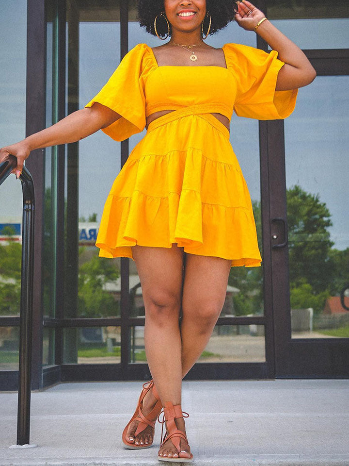 Hollowed Out Square Neck Dress Yellow / S