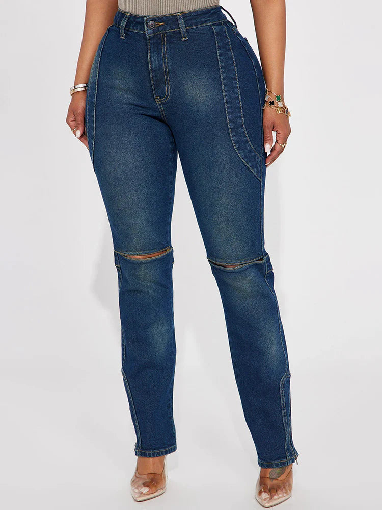 Denim Cropped Jacket And Cutout Jeans Set