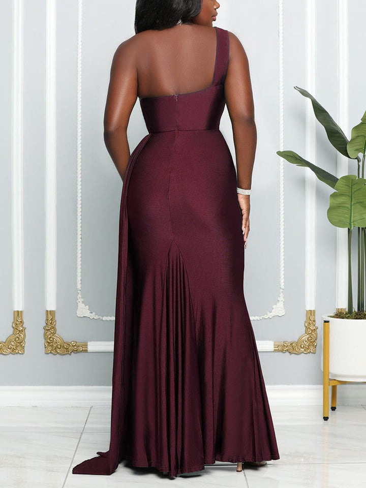 One Shoulder Slit Wedding Dress Burgundy / M