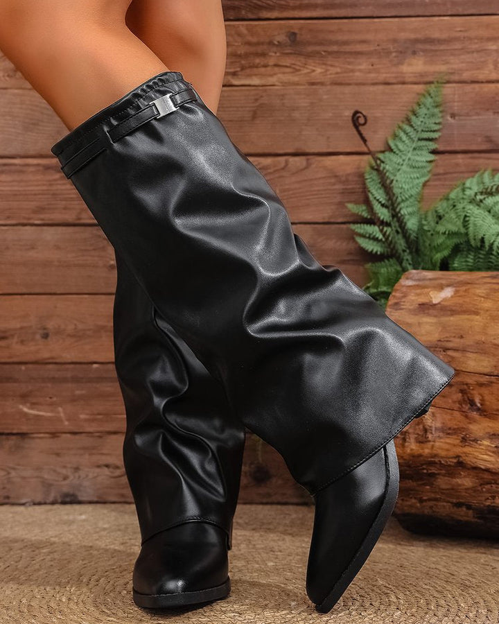 Pointed Toe Pleated Chunky Heel Boots