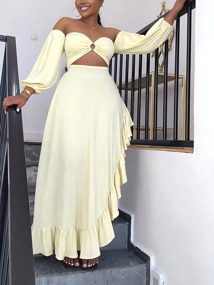 Asymmetrical Ruffle Slit Dress Light Yellow / S