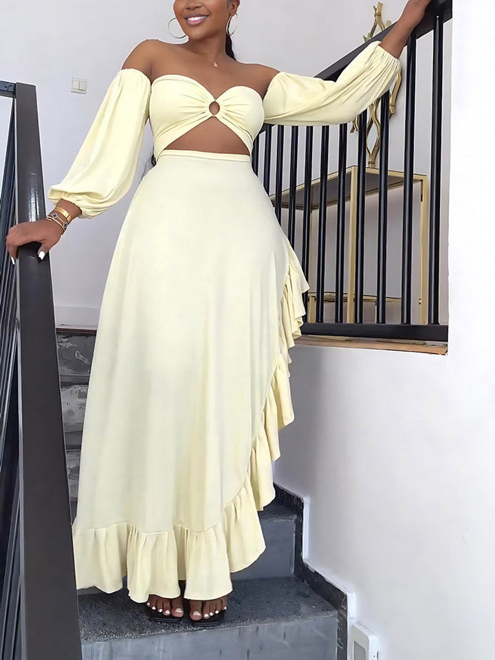 Asymmetrical Ruffle Slit Dress Light Yellow / S
